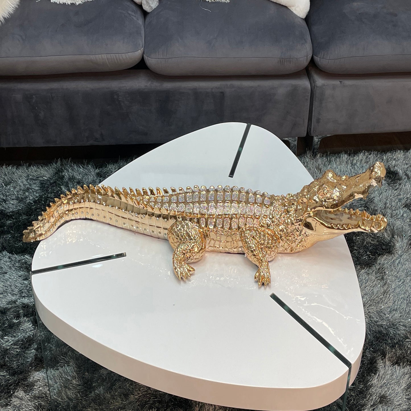 Ambrose Diamond Encrusted Gold Plated Crocodile (34"L X 10.5"W X 9"H)