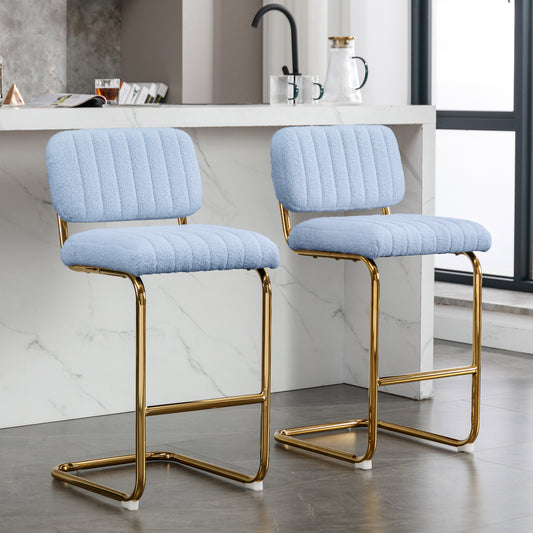 Mid-Century Modern Counter Height Bar Stools-  Set of 2, Armless Bar Chairs with Gold Metal Chrome Base, Blue