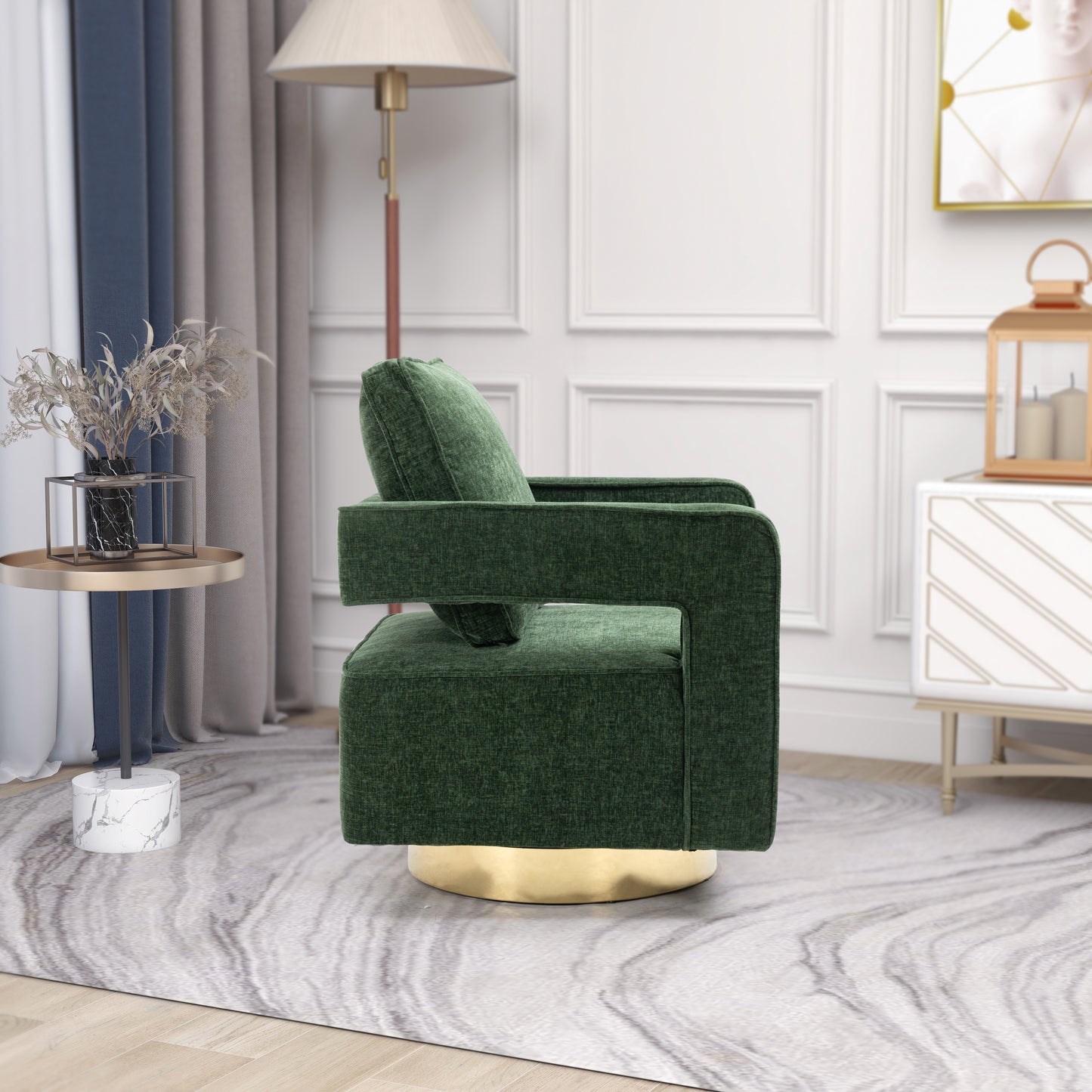 30.7"W Swivel Accent Open Back Chair Modern Comfy Sofa Chair With Gold Stainless Steel Base  (Green Chenille)