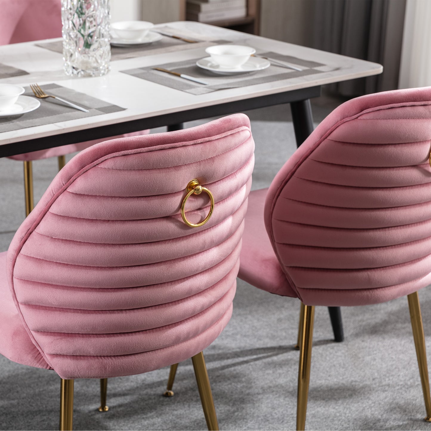 Dining Chair Set of 2, Woven Velvet Upholstered Side Chairs with Barrel Backrest and Gold Metal Legs, Pink