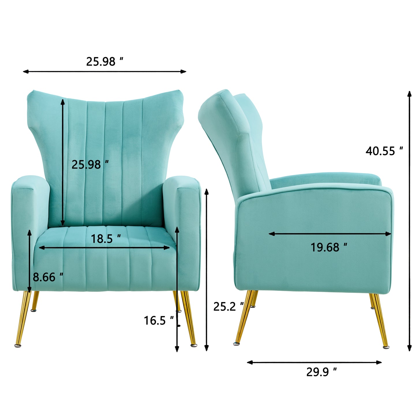 Modern Velvet Accent Chair with Arms, Wingback Reading Chair with Gold Metal Legs