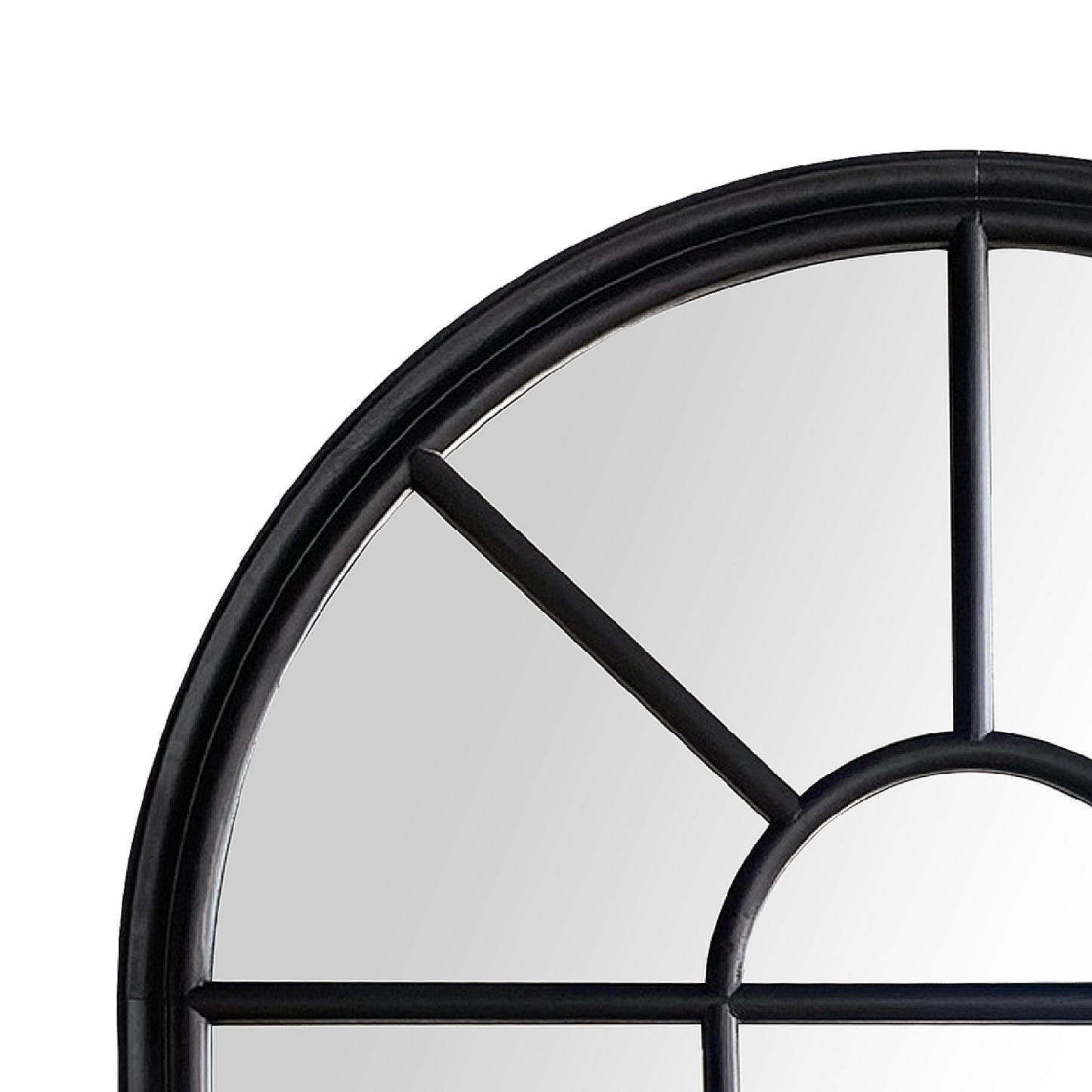 52 Inch Wood Wall Hanging Mirror, Window Pane Design, Arched Top, Black