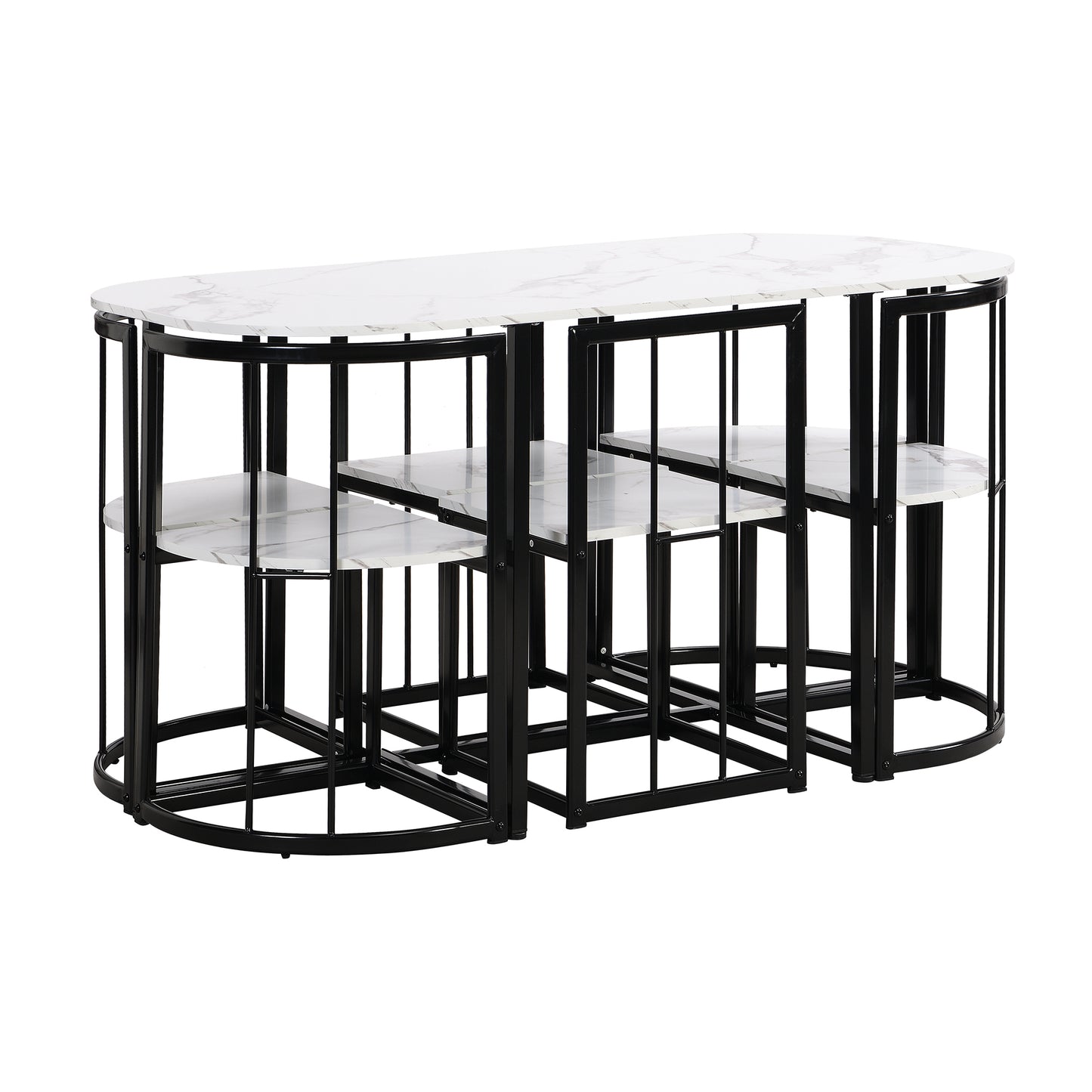 Modern 7-Piece Dining Table Set with Faux Marble Compact 55Inch Kitchen Table Set for 6, Black+White