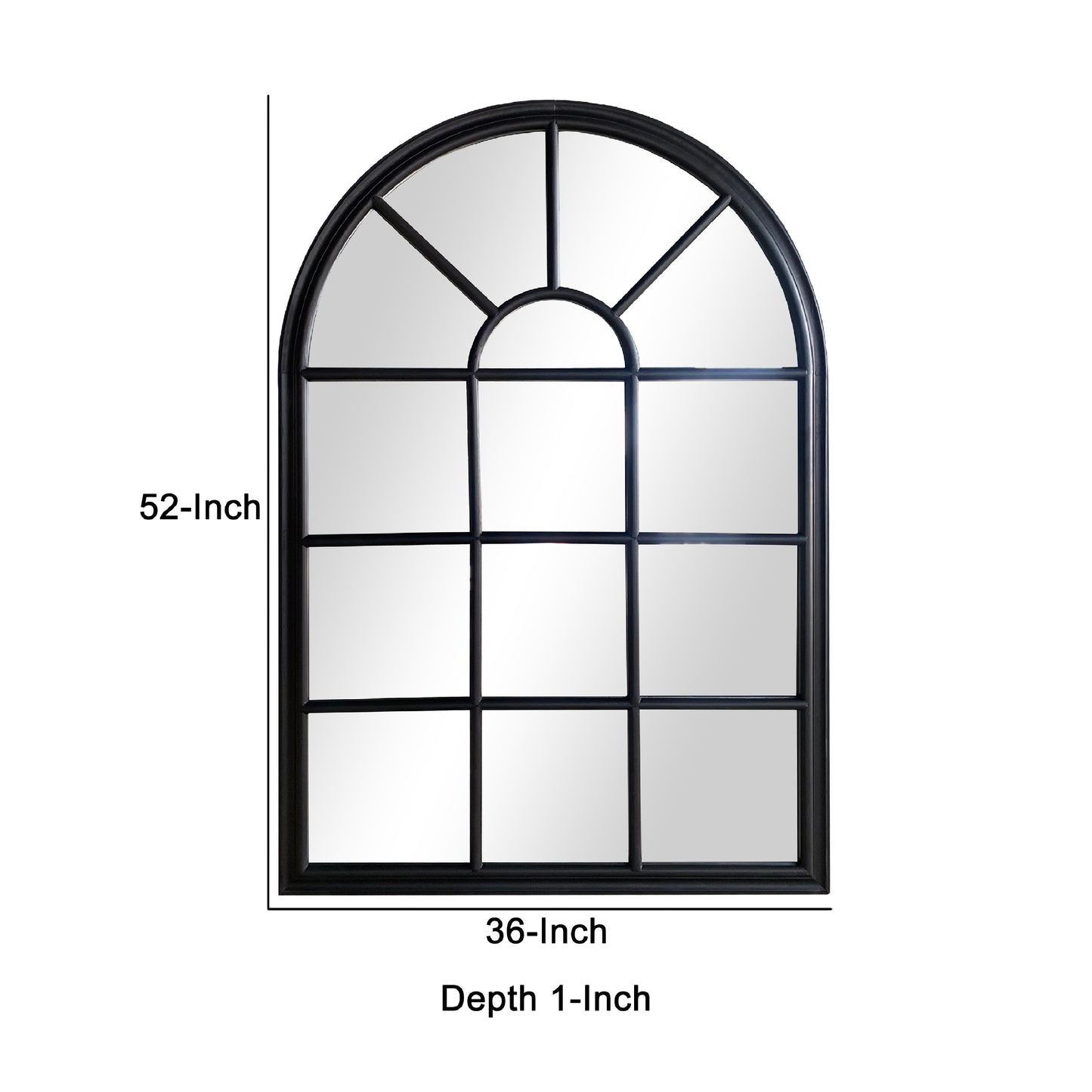 52 Inch Wood Wall Hanging Mirror, Window Pane Design, Arched Top, Black