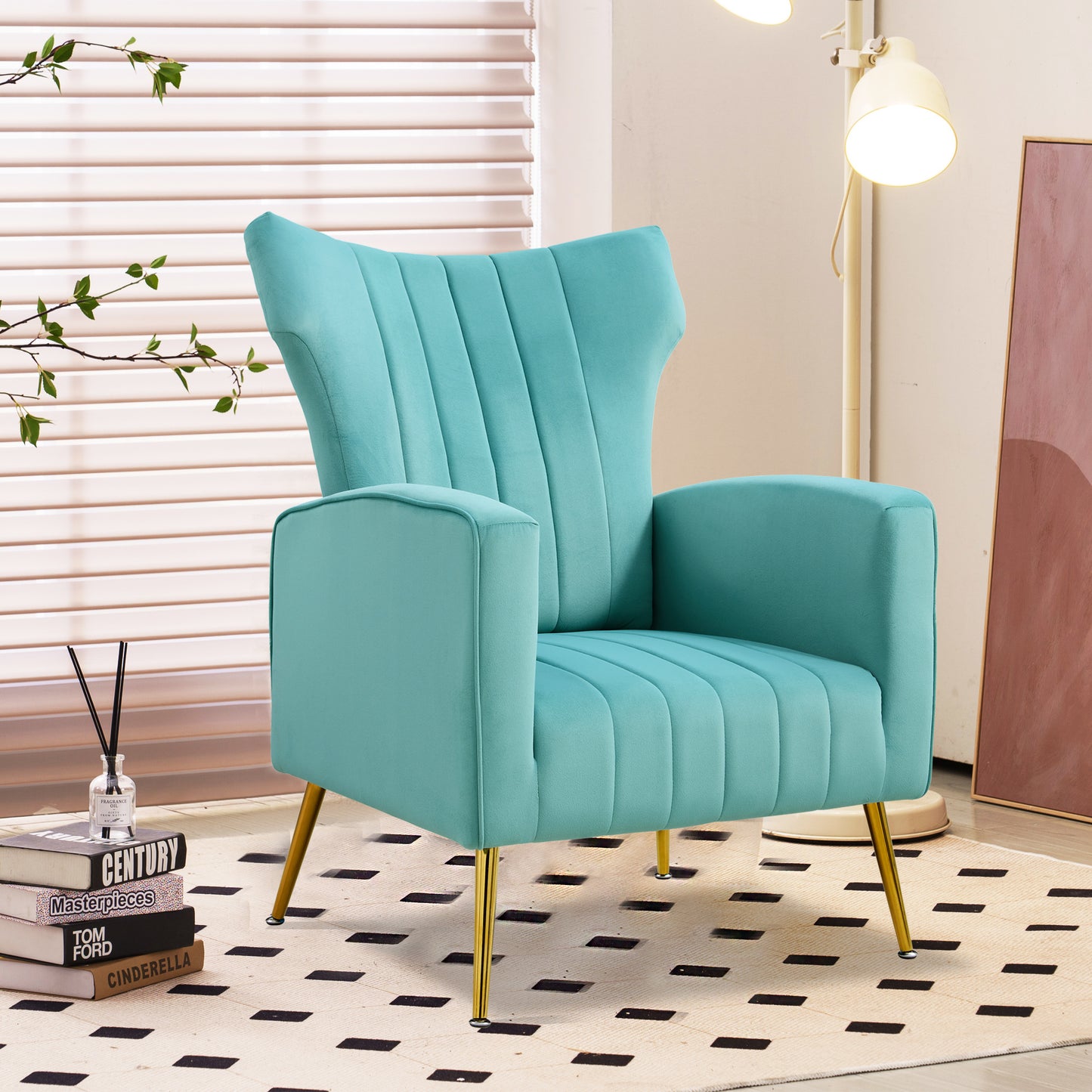 Modern Velvet Accent Chair with Arms, Wingback Reading Chair with Gold Metal Legs