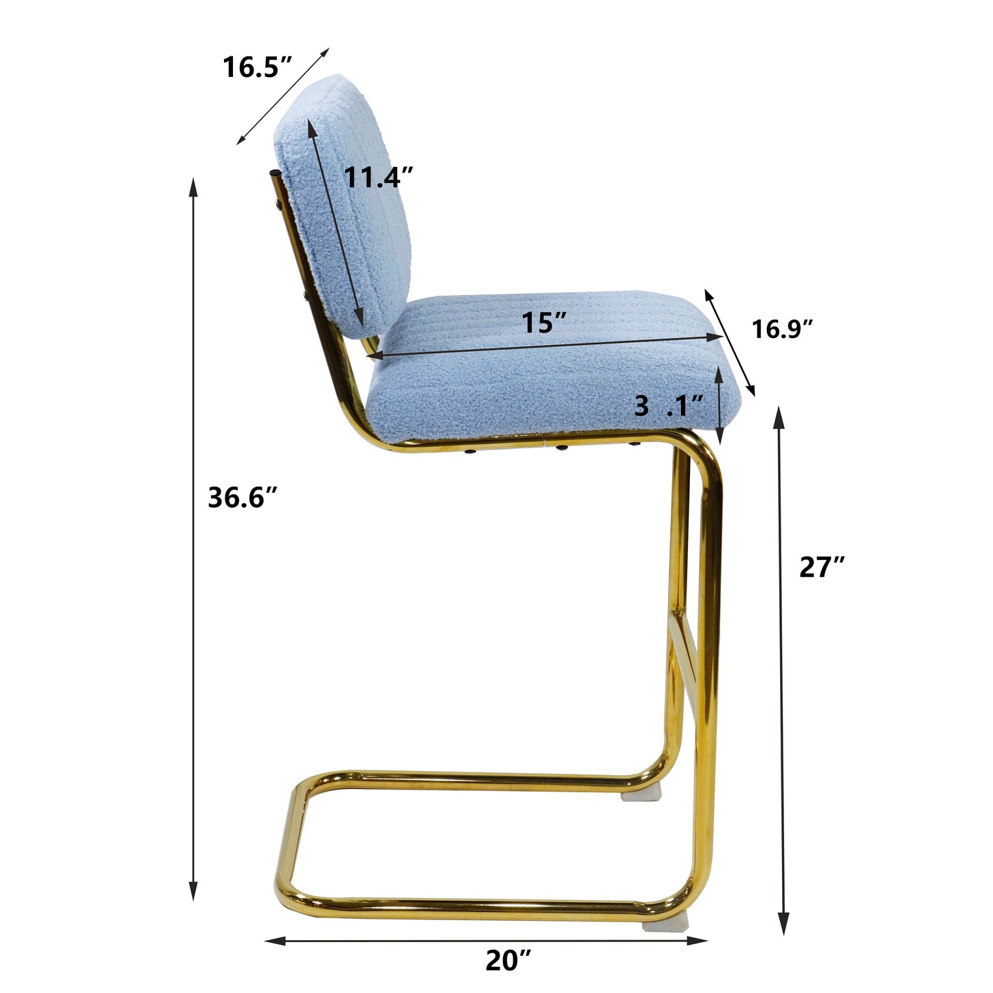 Mid-Century Modern Counter Height Bar Stools-  Set of 2, Armless Bar Chairs with Gold Metal Chrome Base, Blue