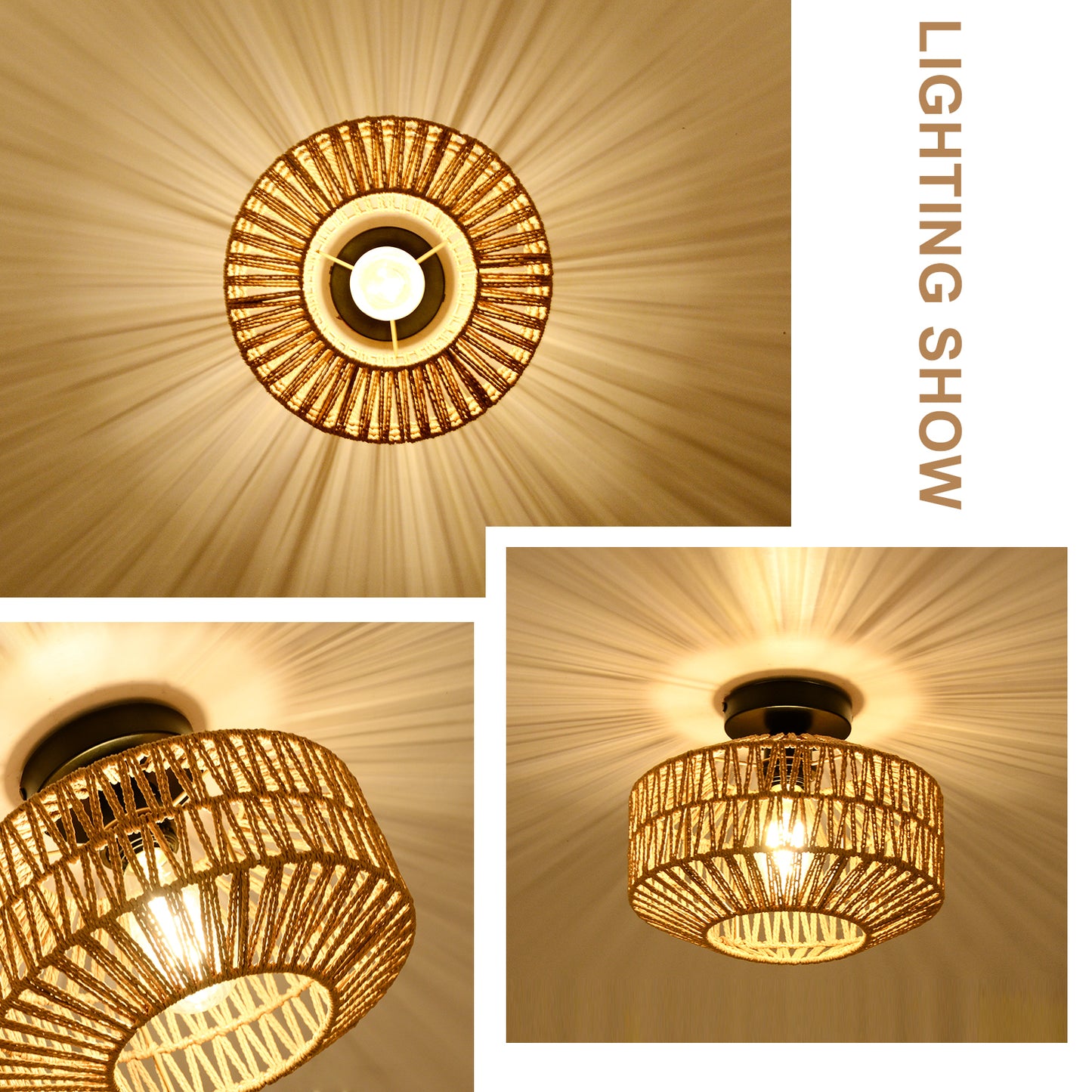 Mini Rattan Flush Mount  Light with Dimmable LED Bulb