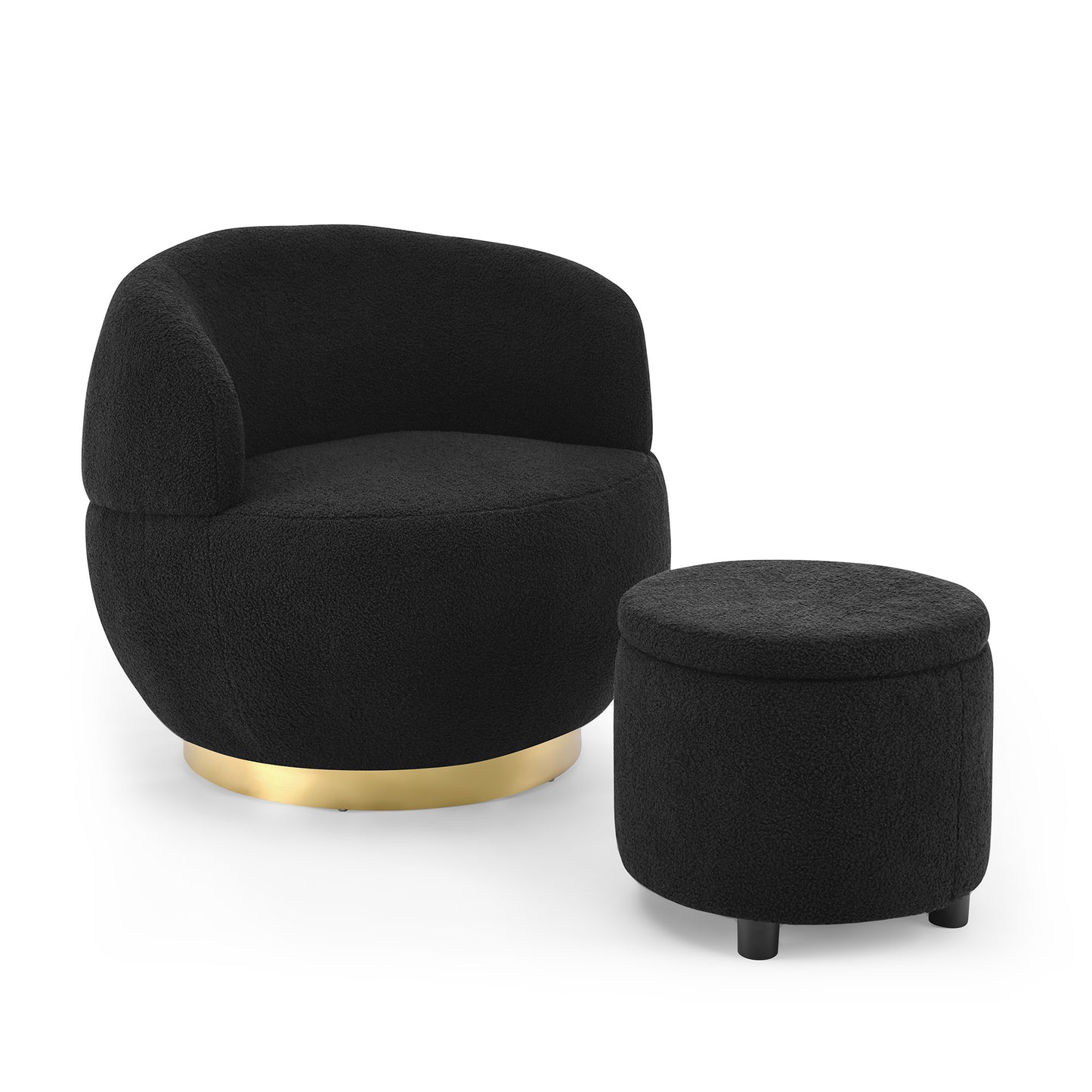 Swviel Barrel Chair with Gold Stainless Steel Base, with Storage Ottoman, Teddy Fabric, Black