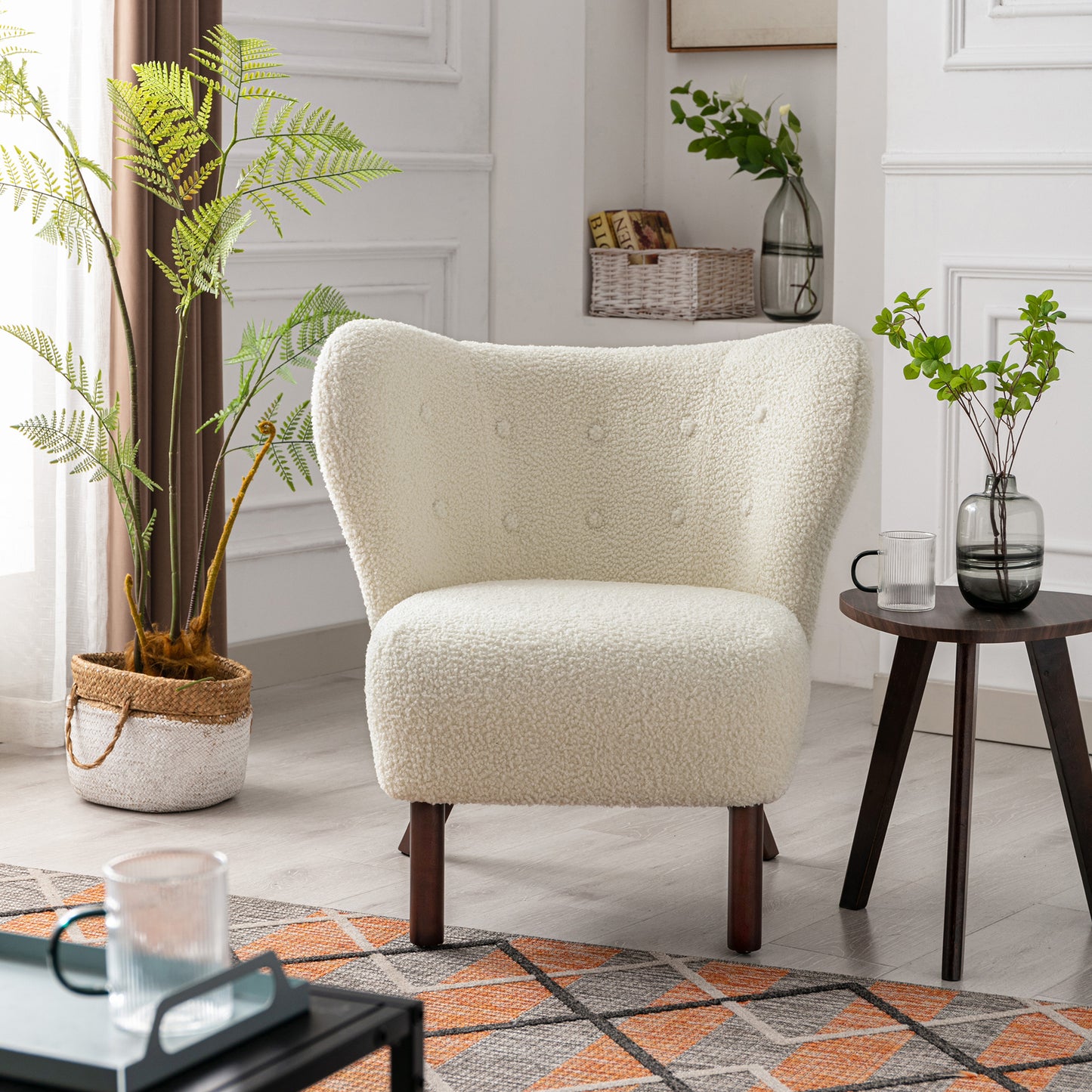 Modern Accent Chair Lambskin Sherpa Wingback Tufted Side Chair with Solid Wood Legs