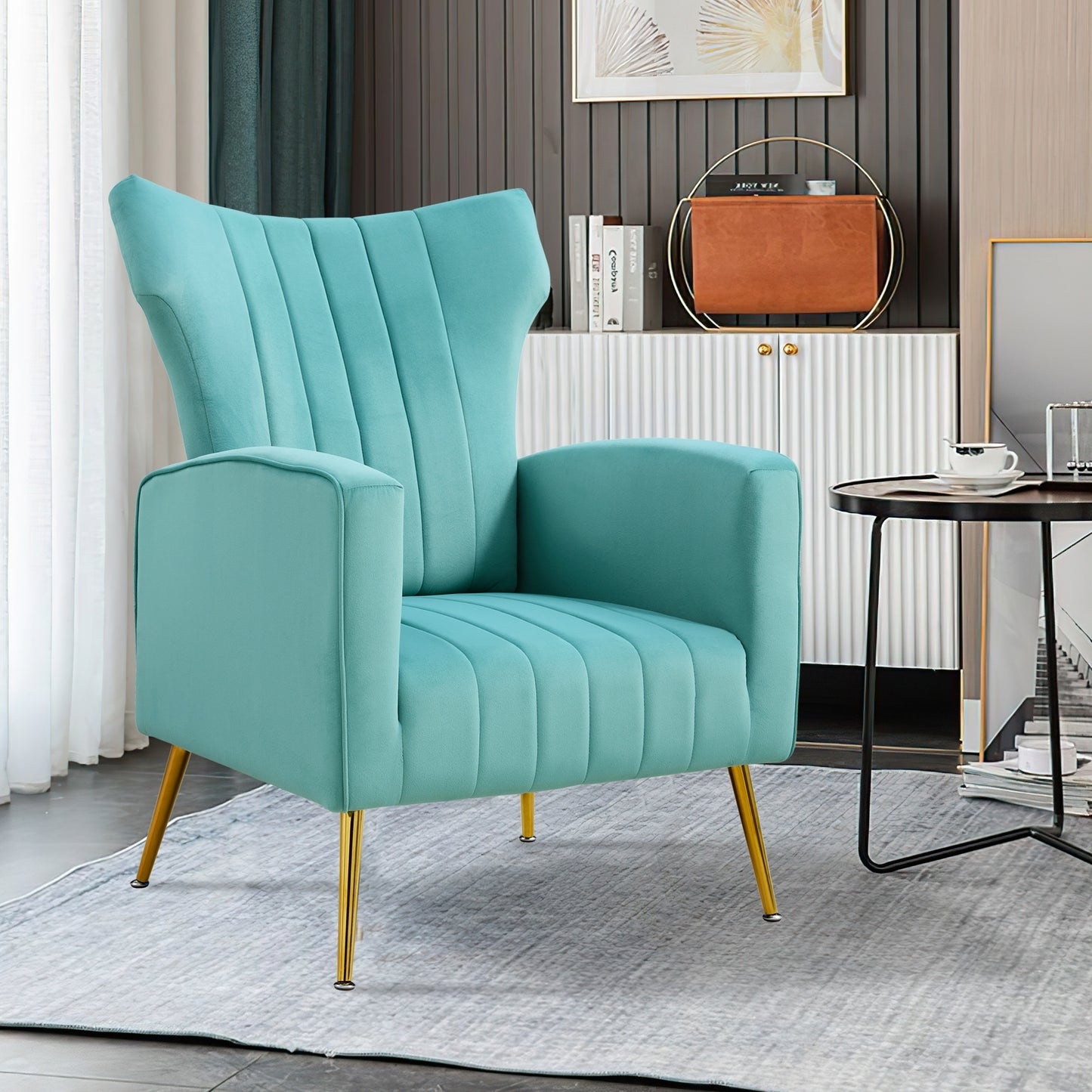 Modern Velvet Accent Chair with Arms, Wingback Reading Chair with Gold Metal Legs