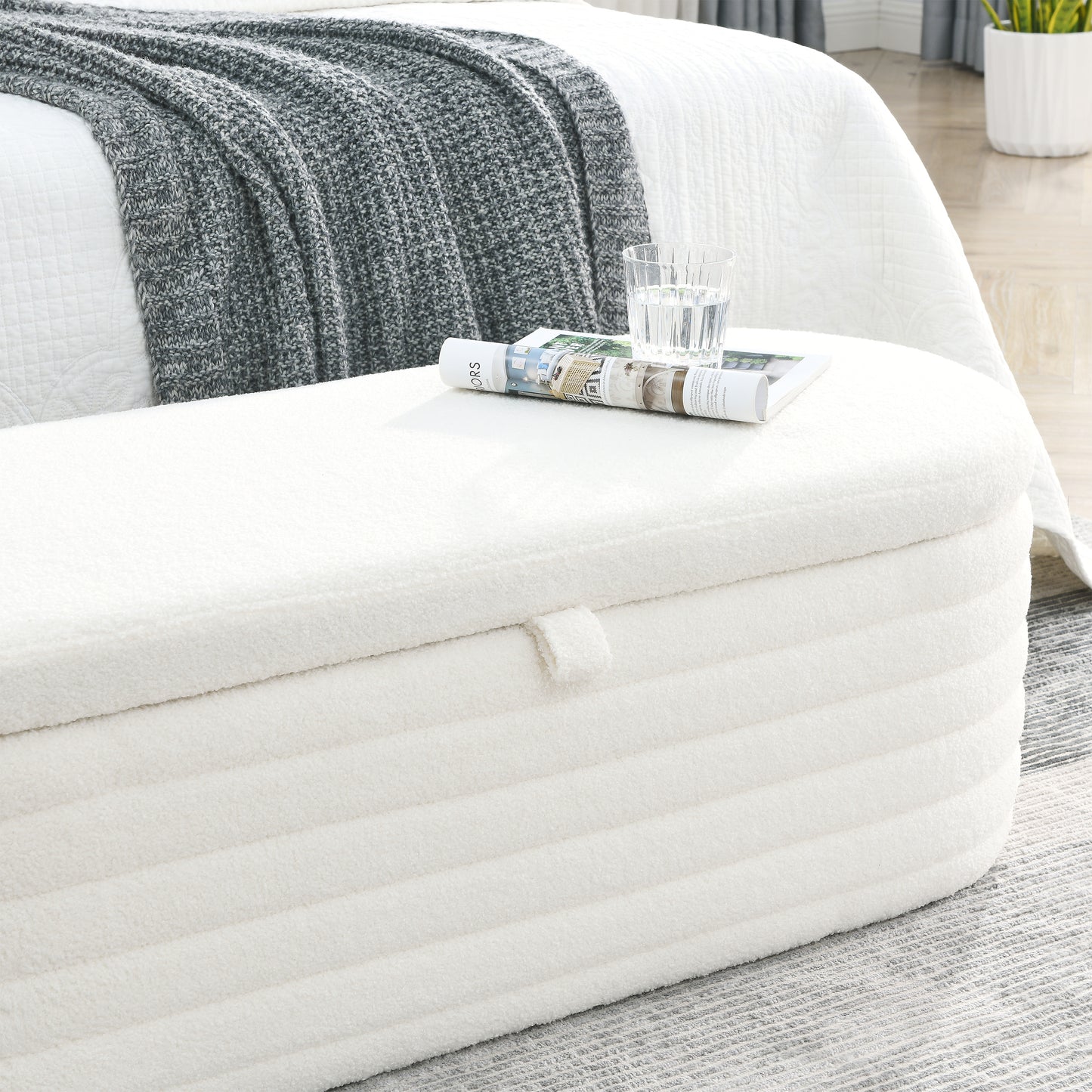 45.5" Storage Ottoman Bench Upholstered Fabric Storage Bench- White Teddy Fabric