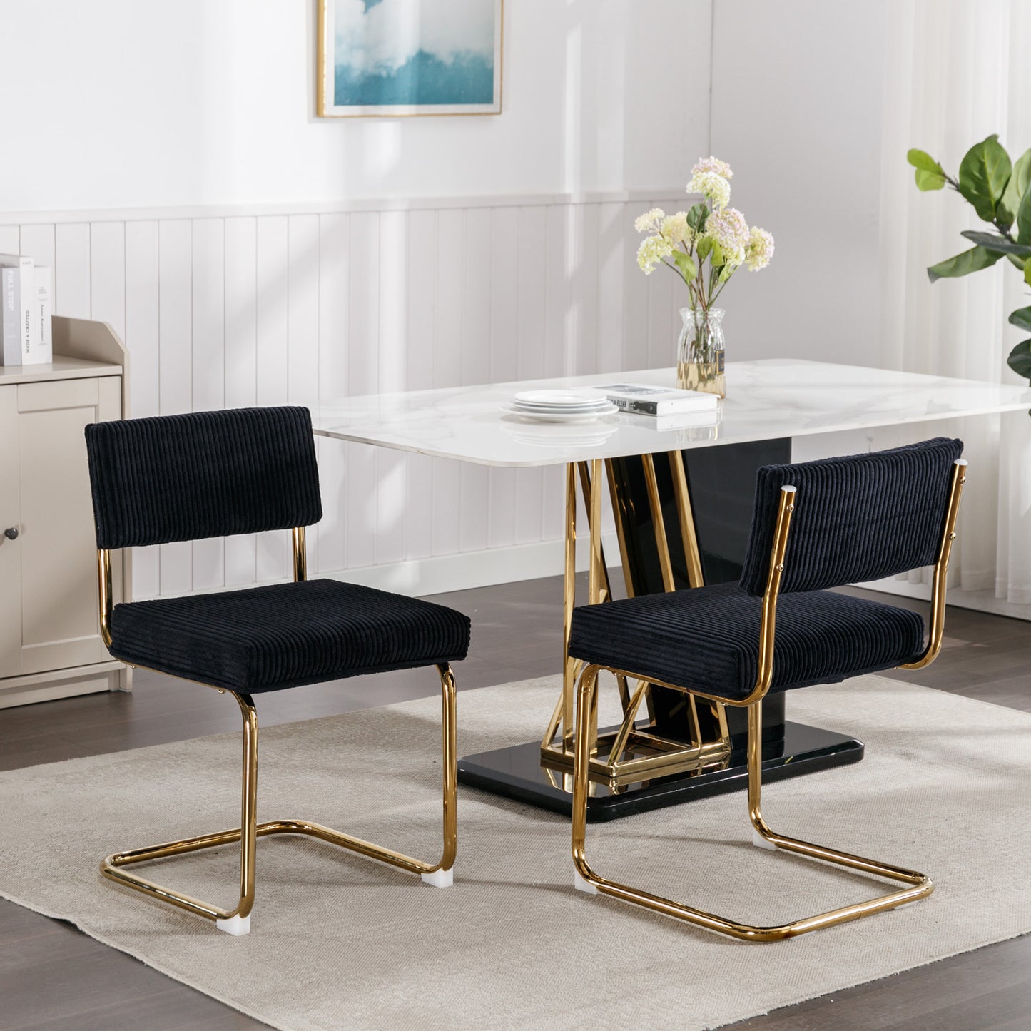 Dining Chairs with Corduroy Fabric, Gold Metal Base, Kitchen Chairs-Set of 2, Black