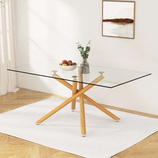 Large Modern Minimalist Rectangular Glass Dining Table for 6-8 with 0.39" Tempered Glass Tabletop and Wood color Metal Legs, 71" W x 39" D x 301537