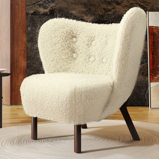 Modern Accent Chair Lambskin Sherpa Wingback Tufted Side Chair with Solid Wood Legs