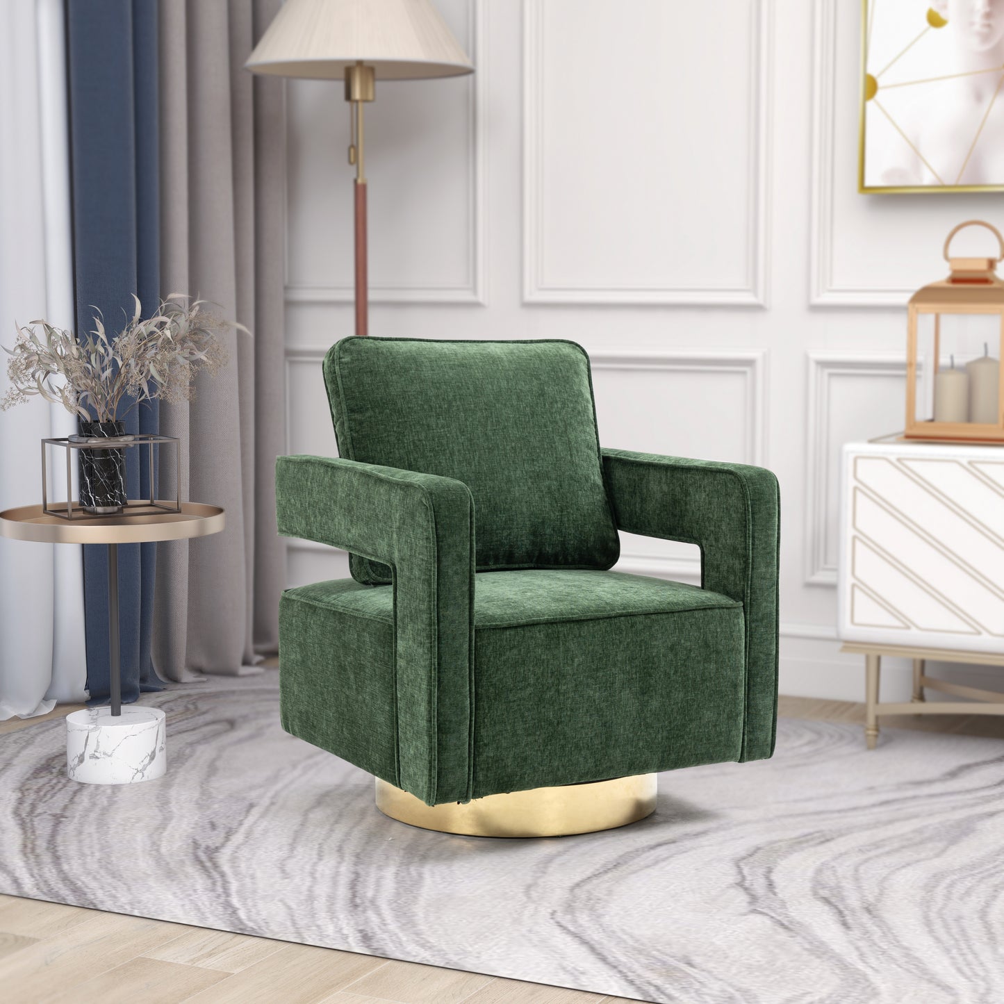 30.7"W Swivel Accent Open Back Chair Modern Comfy Sofa Chair With Gold Stainless Steel Base  (Green Chenille)