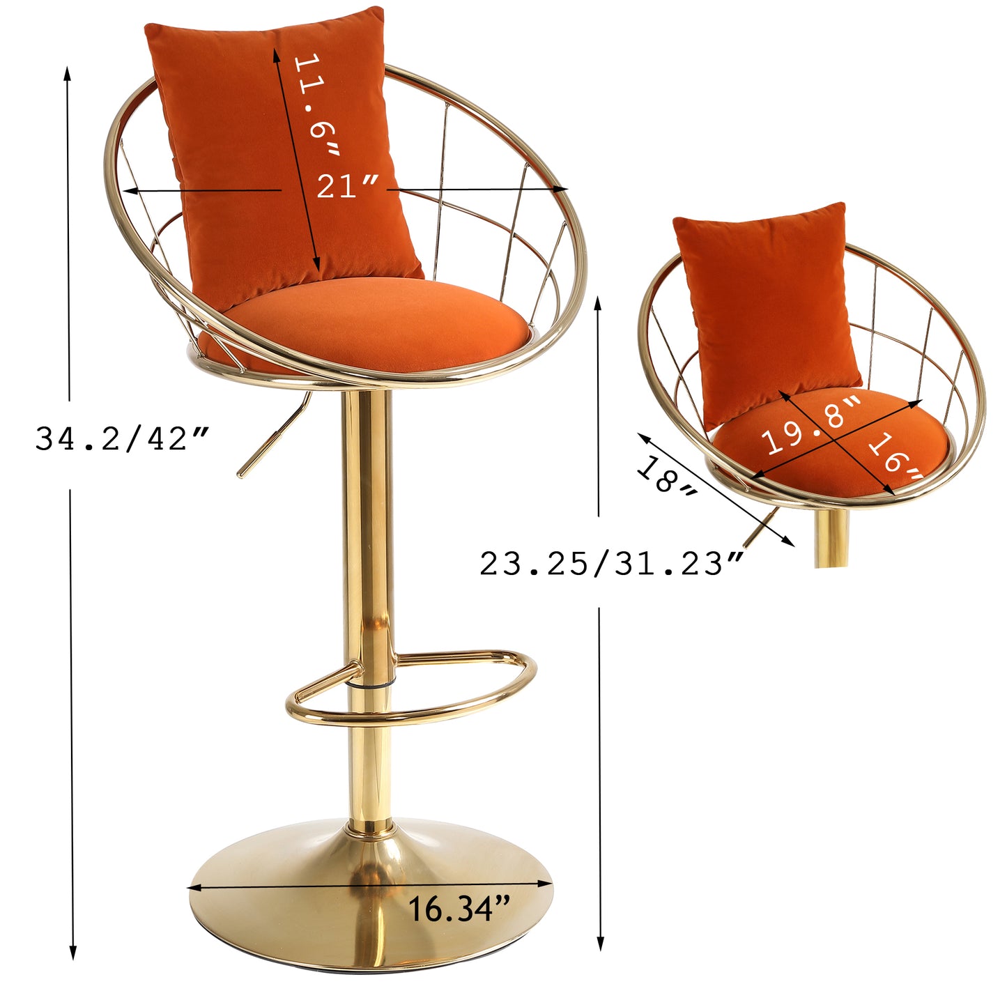 Orange velvet bar chair, pure gold plated