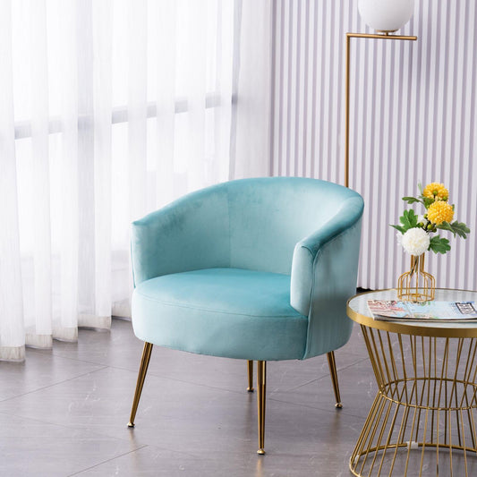 Velvet Accent Armchair Tub Chair With Gold Metal Legs, Cyan Blue