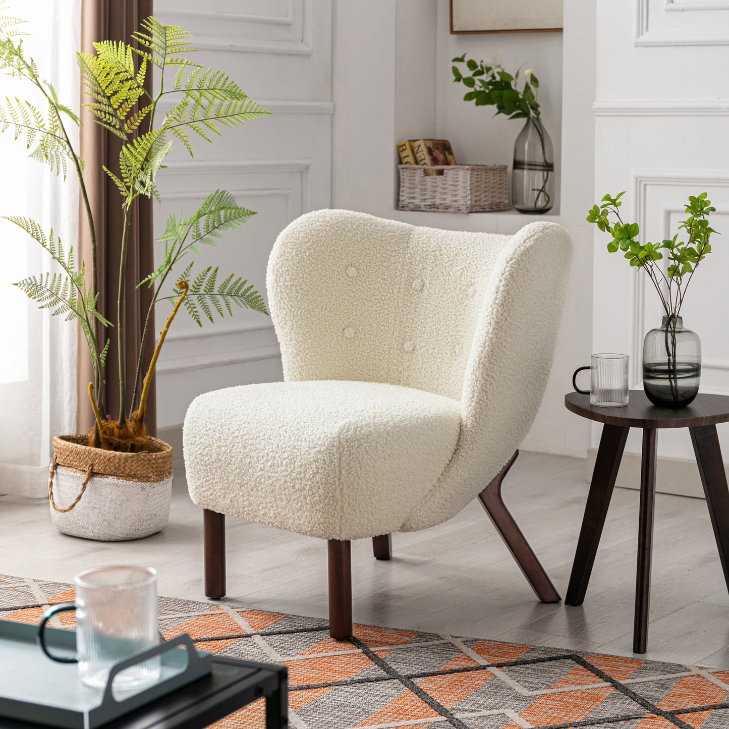 Modern Accent Chair Lambskin Sherpa Wingback Tufted Side Chair with Solid Wood Legs