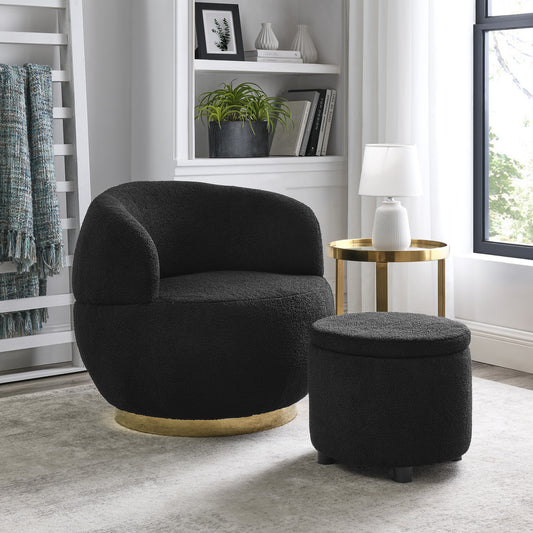 Swviel Barrel Chair with Gold Stainless Steel Base, with Storage Ottoman, Teddy Fabric, Black