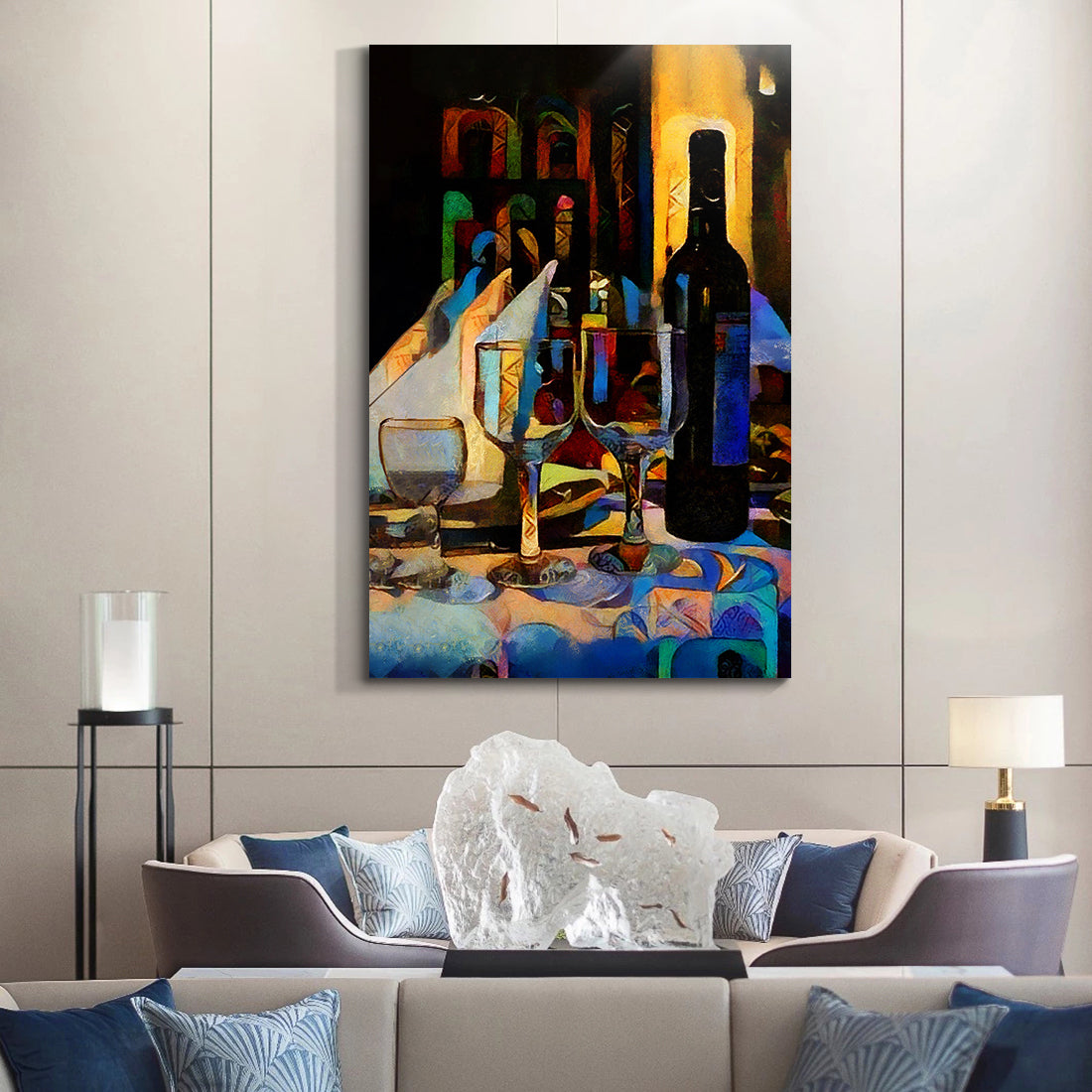 Framed Canvas Wall Art Decor Abstract Style Painting, Wine Bottle with Glasses