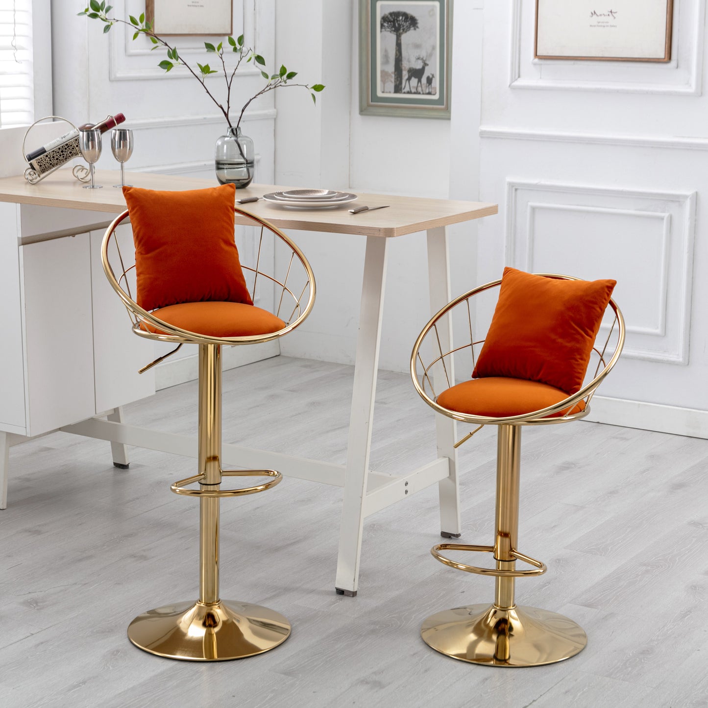 Orange velvet bar chair, pure gold plated