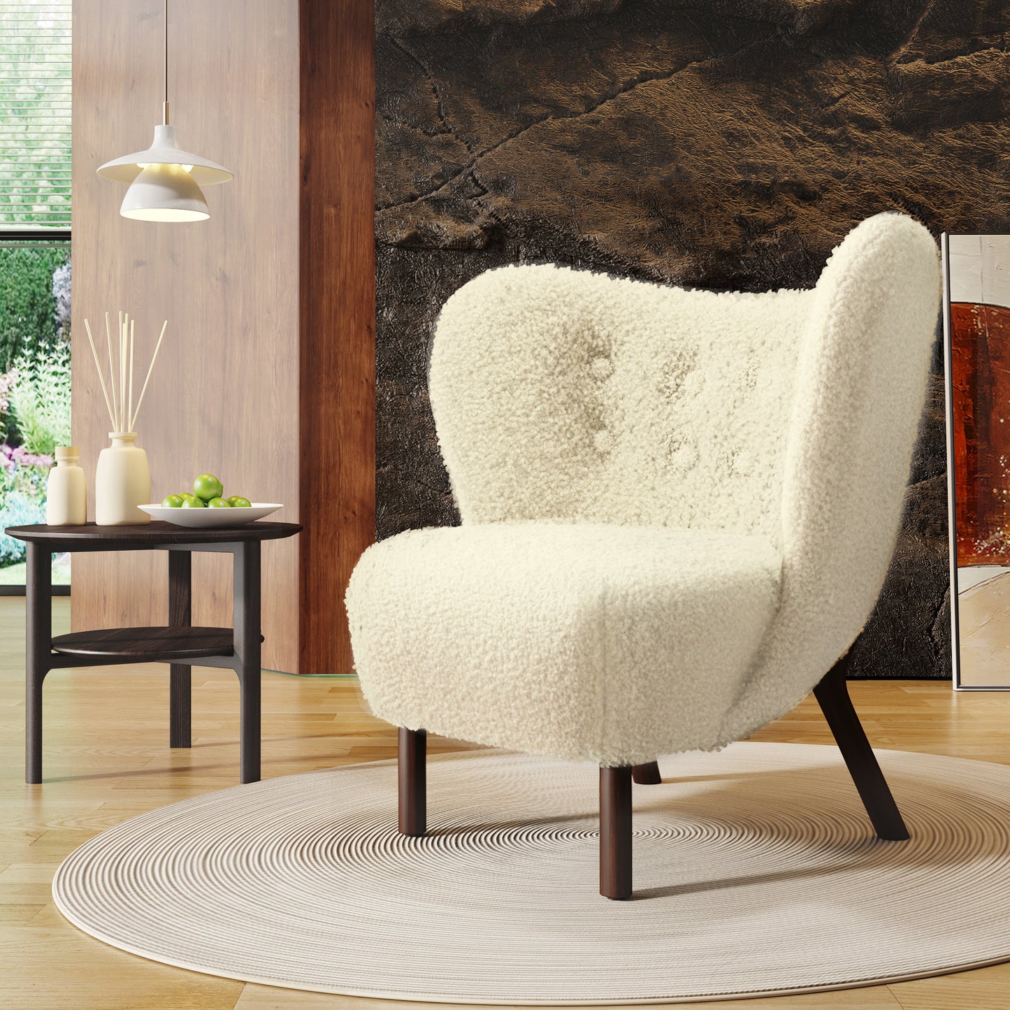 Modern Accent Chair Lambskin Sherpa Wingback Tufted Side Chair with Solid Wood Legs