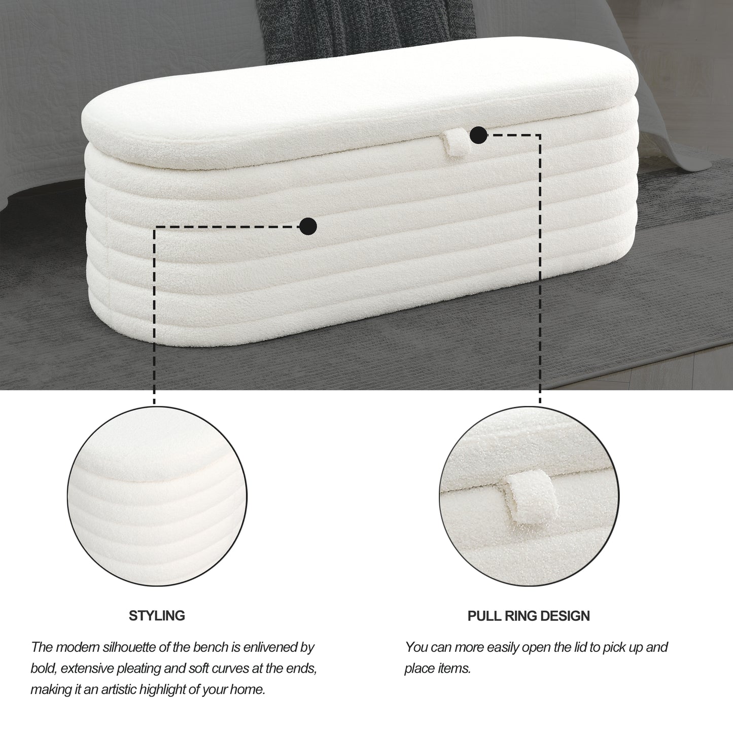 45.5" Storage Ottoman Bench Upholstered Fabric Storage Bench- White Teddy Fabric