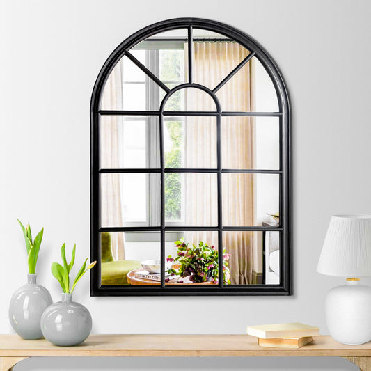 52 Inch Wood Wall Hanging Mirror, Window Pane Design, Arched Top, Black