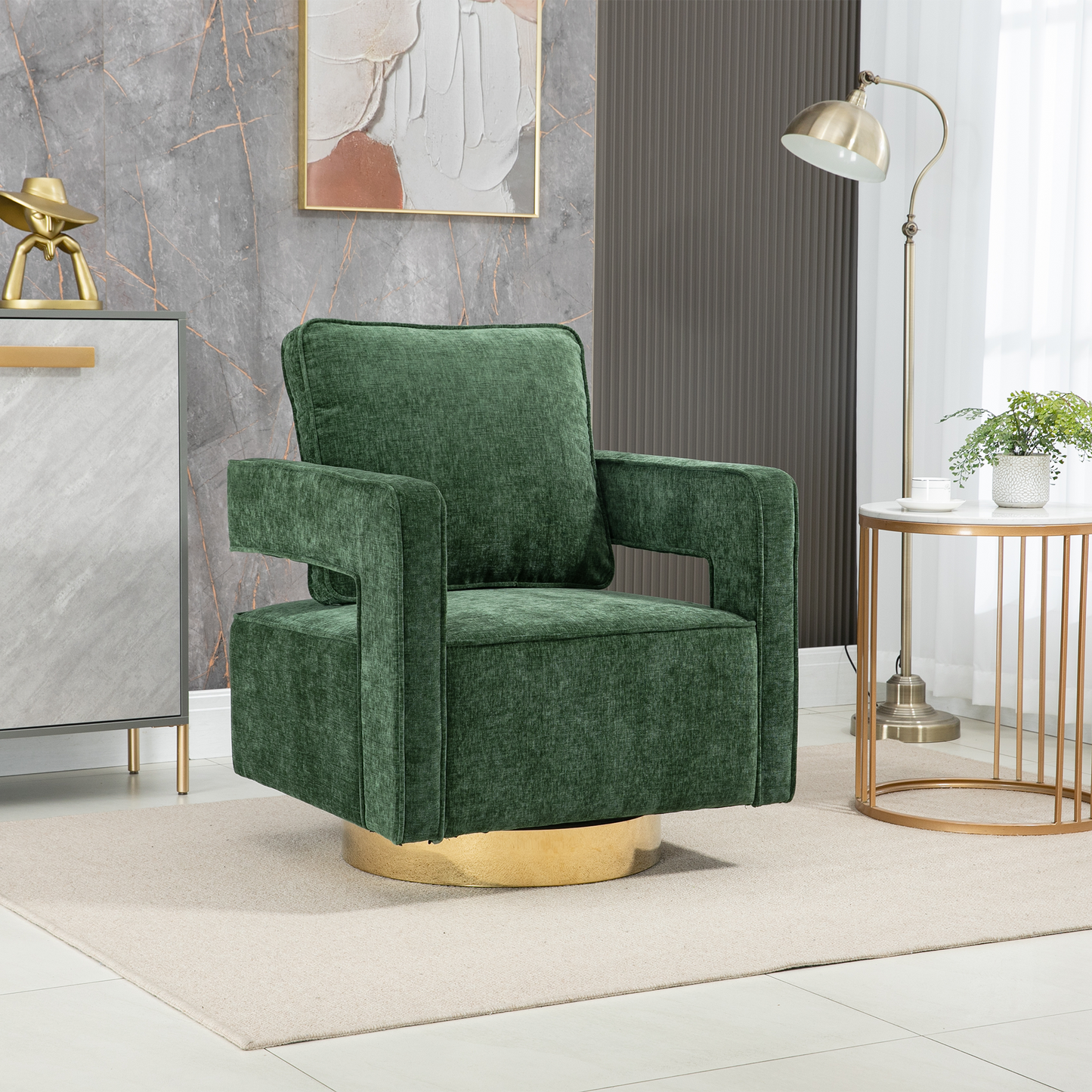 30.7"W Swivel Accent Open Back Chair Modern Comfy Sofa Chair With Gold Stainless Steel Base  (Green Chenille)