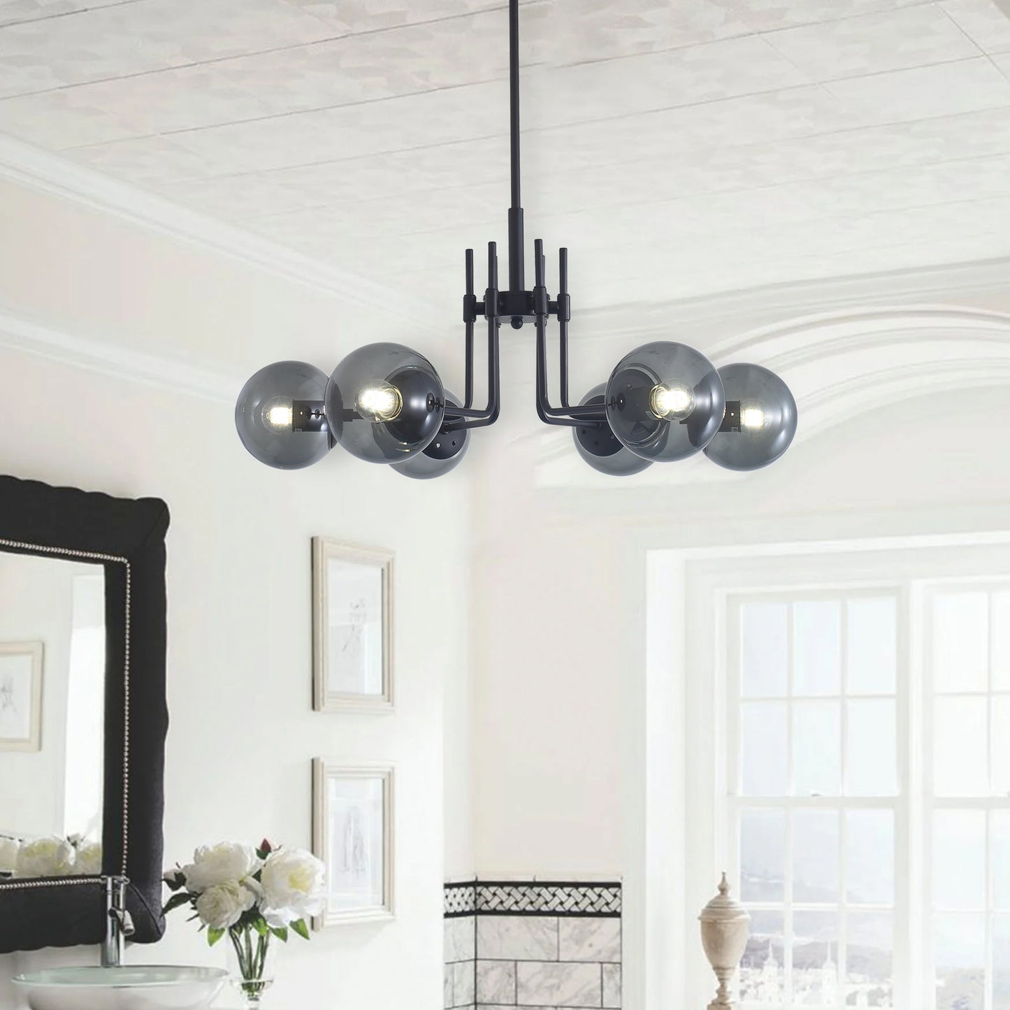 Modern American style chandelier-black iron-glass lampshade -6 bulbs