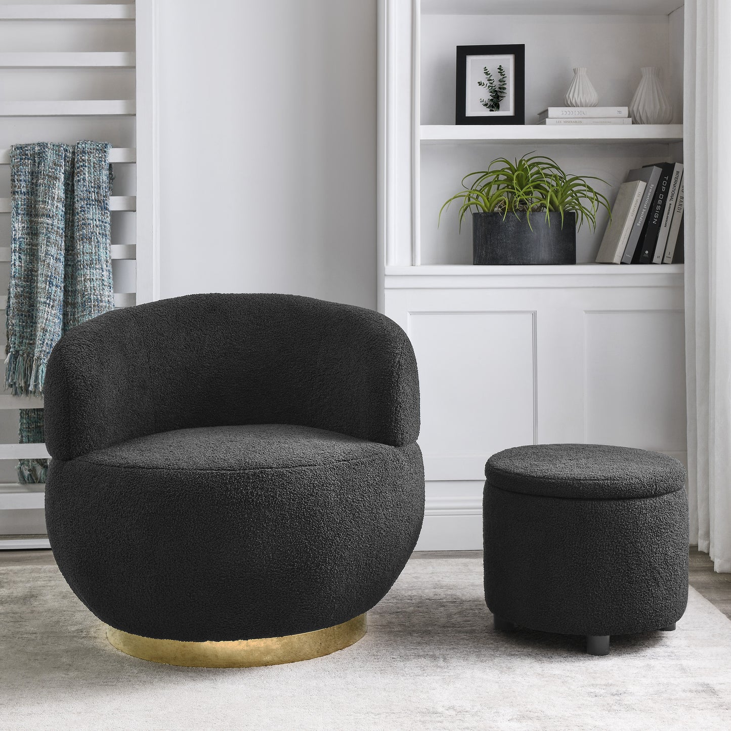 Swviel Barrel Chair with Gold Stainless Steel Base, with Storage Ottoman, Teddy Fabric, Black